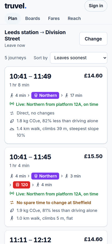 Trajets, avec horaires en temps réel et tarifs